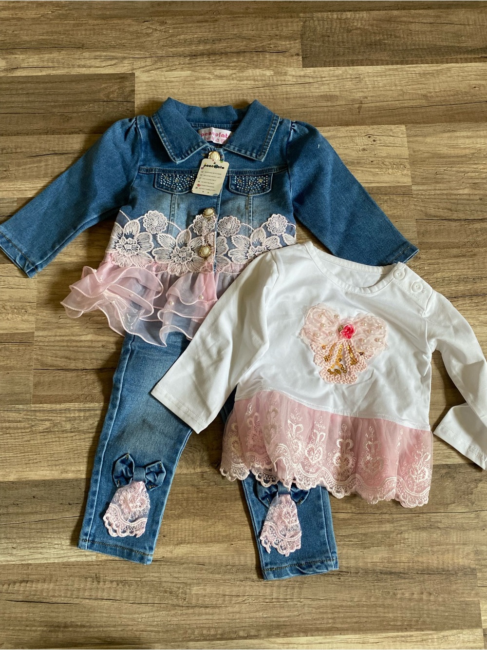 Girls Denim Jacket & Pink Lace Top Set - Cute Two-Piece Outfit, size is 6-12m